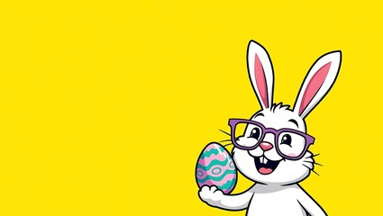 Fototapeta premium happy easter, funny animal, holiday celebration greeting card - Rabbit easter bunny with glasses and easter egg, isolated on yellow background