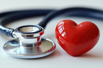 A stethoscope and a red heart symbolize care and compassion in the medical field, representing health and wellness.
