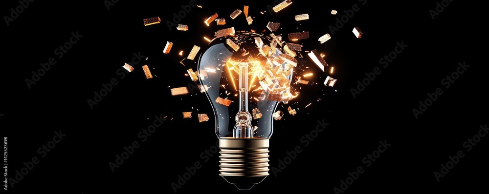 Poster explosion of lightbulb with conceptual high-speed impact concept. a shattered light bulb with sparks