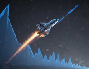 Fototapeta premium Rocket ship bursts upward from a rising blue line graph Intense acceleration shown , climb, blue, leap
