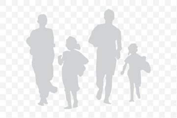Family silhouette parents with two daughters, family walking together