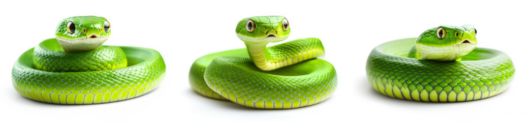 Fototapeta premium Closeup of bright green snake with detailed scales, coiled and resting isolated on white transparent background