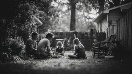 Family game night in backyard: monochrome scene of adults and children relaxing outdoors