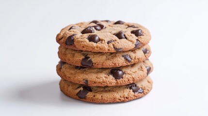 Chocolate Chip Cookies Stack Minimalist Style Bright studio lighting Close-up square shot Golden brown texture Delicious treat White background Warm inviting mood Perfect for bakery ads