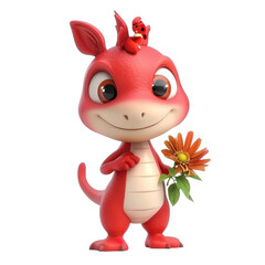 Colorful cartoon dragon character holding a flower with a small bird on its head in a cheerful and playful pose