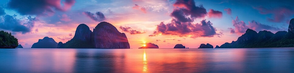 Fototapeta premium Panoramic view of a beautiful, colorful sunset over a lake with mountains in the background. Wide panorama of a seascape with a blue sky and orange sun flare. Panoramic view of a stunning natural