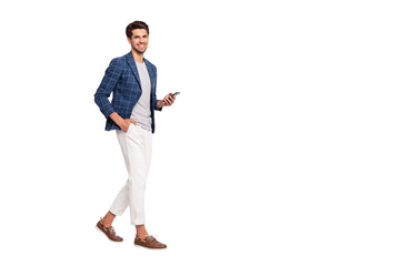 Full length body size view of nice attractive stylish trendy luxury cheerful cheery businessman...