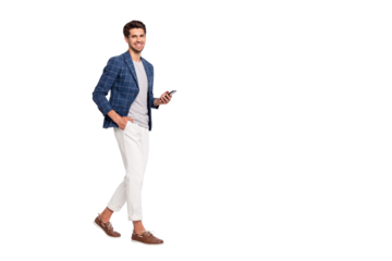 Full length body size view of nice attractive stylish trendy luxury cheerful cheery businessman wearing blue checked blazer using cell reading news feed isolated over light white pastel background