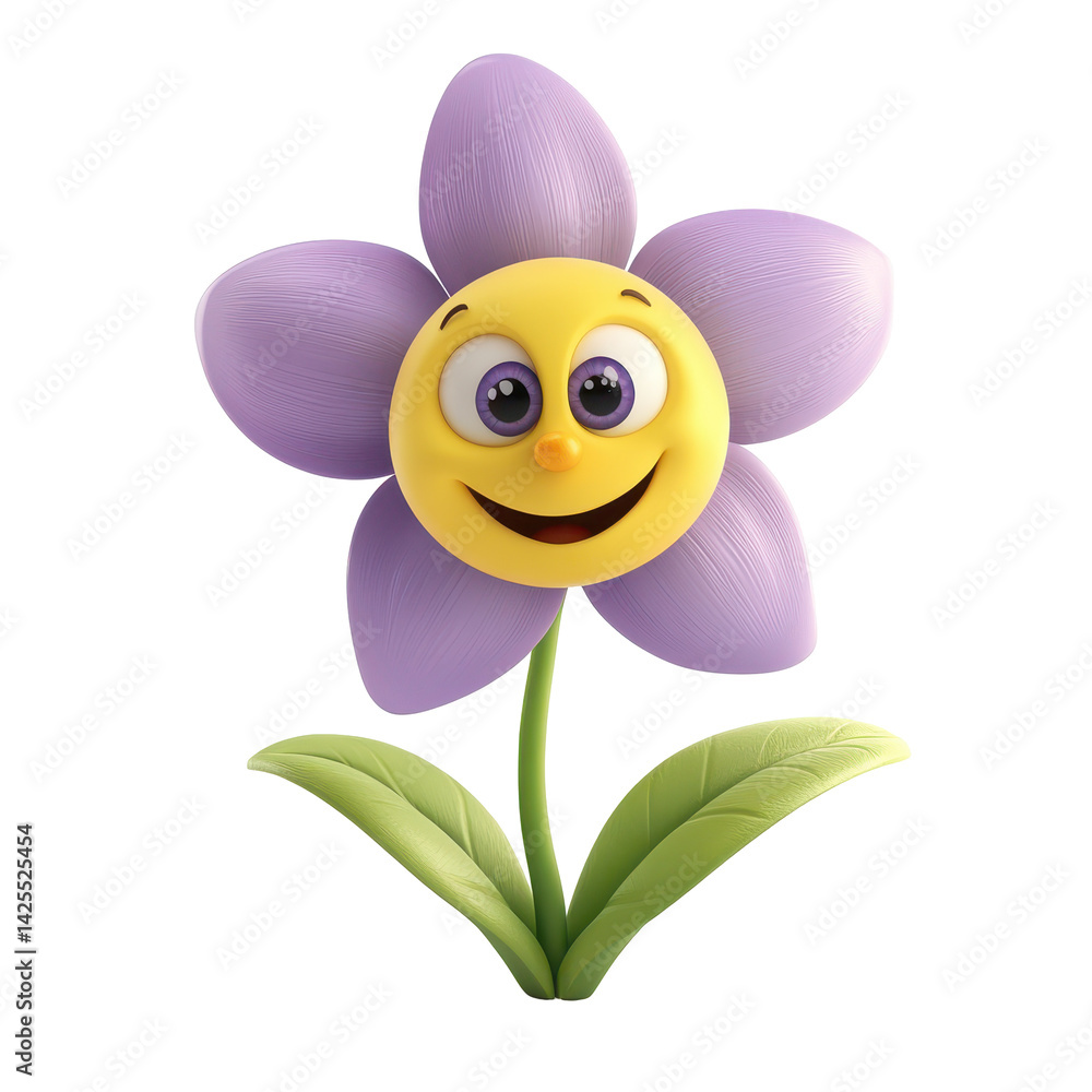 Poster bright and cheerful floral character with a smiling face and leafed stem in a playful design