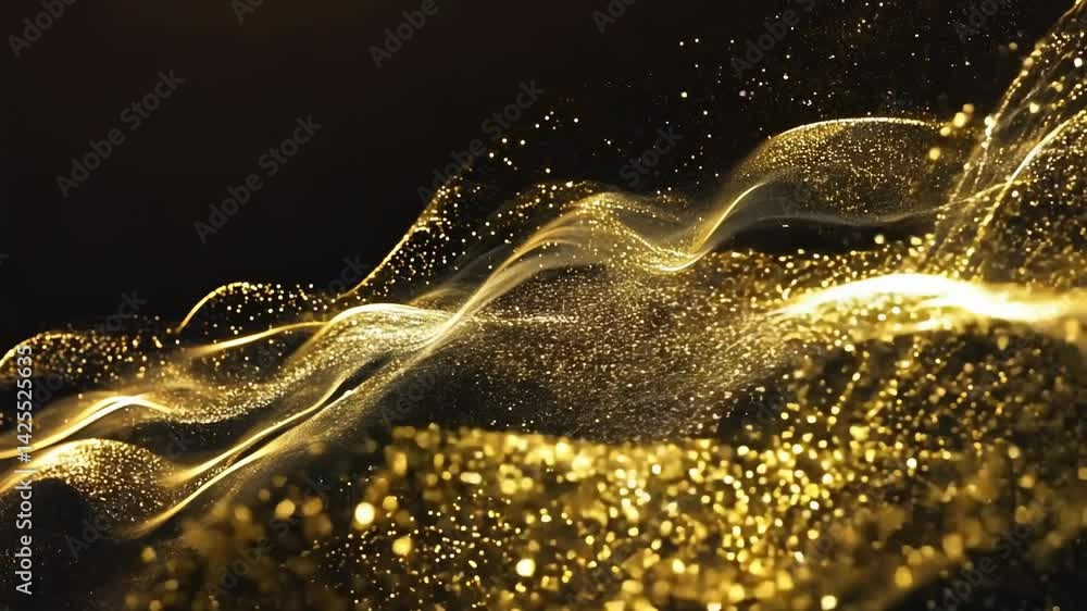 Poster abstract video of golden particles and waves, captured from a low angle, creating a dynamic and flow