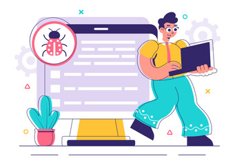 Bugs Tracking Tool Vector Illustration Featuring Mobile Phone Protection from Computer Viruses in a Website Security Flat Style Cartoon Background