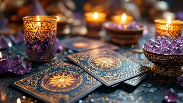 Exploring tarot cards and crystal energy at a mystical table with candles and amethyst stones