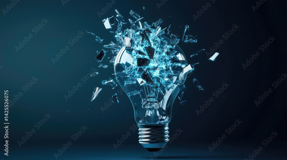 Poster explosion of lightbulb with invention and creativity concept. a shattered light bulb exploding with 
