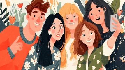 Diverse group of young adults taking a selfie outdoors with floral background