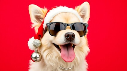 Merry Christmas concept holiday vacation winter animal pet greeting card - Cool santa claus dog with sunglasses and santa hat, isolated on red background