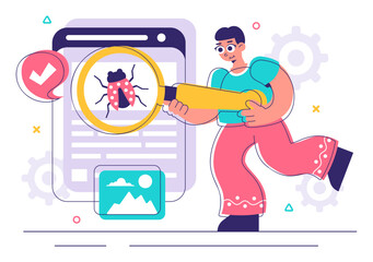Bugs Tracking Tool Vector Illustration Featuring Mobile Phone Protection from Computer Viruses in a Website Security Flat Style Cartoon Background