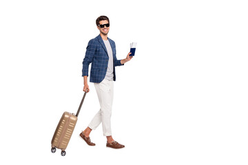Full length body size view of nice attractive stylish cheerful cheery glad content successful businessman wearing blue checked blazer going on board isolated over light white pastel background
