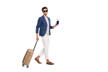 Full length body size view of nice attractive stylish cheerful cheery glad content successful businessman wearing blue checked blazer going on board isolated over light white pastel background
