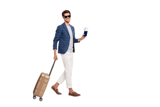 Full length body size view of nice attractive stylish cheerful cheery glad content successful businessman wearing blue checked blazer going on board isolated over light white pastel background