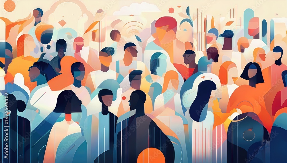Poster abstract vector crowd in vibrant geometric shapes and gradient a diverse gathering amidst colourful 