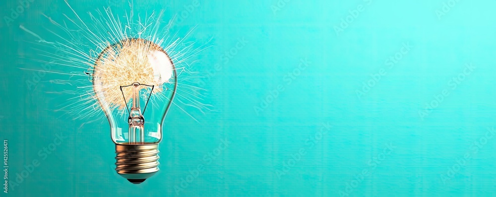 Poster explosion of lightbulb with conceptual high-speed impact concept. a bright light bulb glowing with c