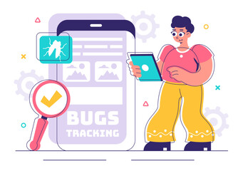 Bugs Tracking Tool Vector Illustration Featuring Mobile Phone Protection from Computer Viruses in a Website Security Flat Style Cartoon Background