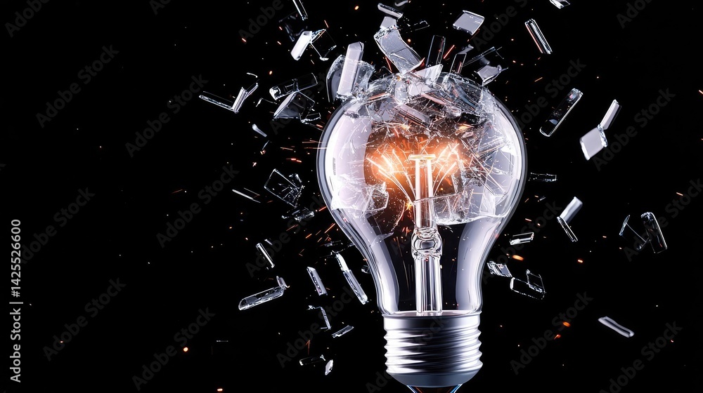 Poster explosion of lightbulb with invention and creativity concept. a shattered light bulb with an illumin