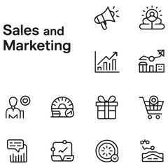 Sales and Marketing Icon black Set. A dynamic collection of icons designed to enhance branding, promotions, and customer engagement, perfect for marketing materials and business applications.