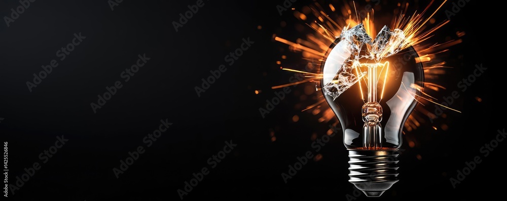 Poster explosion of lightbulb featuring electric filament concept. an image of a light bulb exploding, symb
