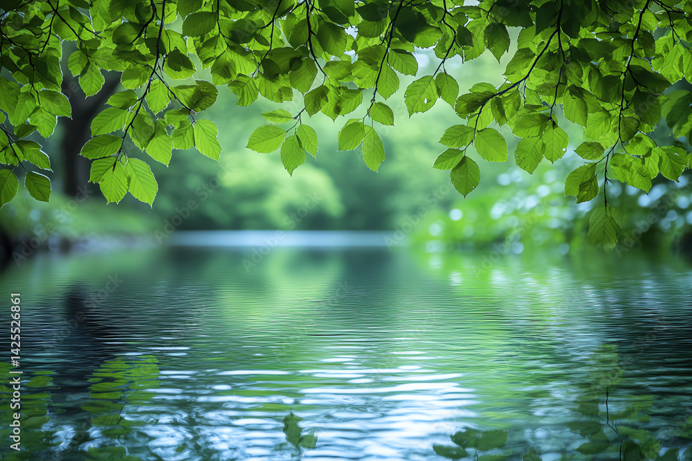 Poster a tranquil scene of lush green leaves reflecting on calm water, creating a serene atmosphere in natu