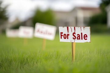 Row of "For Sale" signs displayed in a lush green lawn, highlighting a residential area. The signs attract potential buyers, making a strong real estate statement.