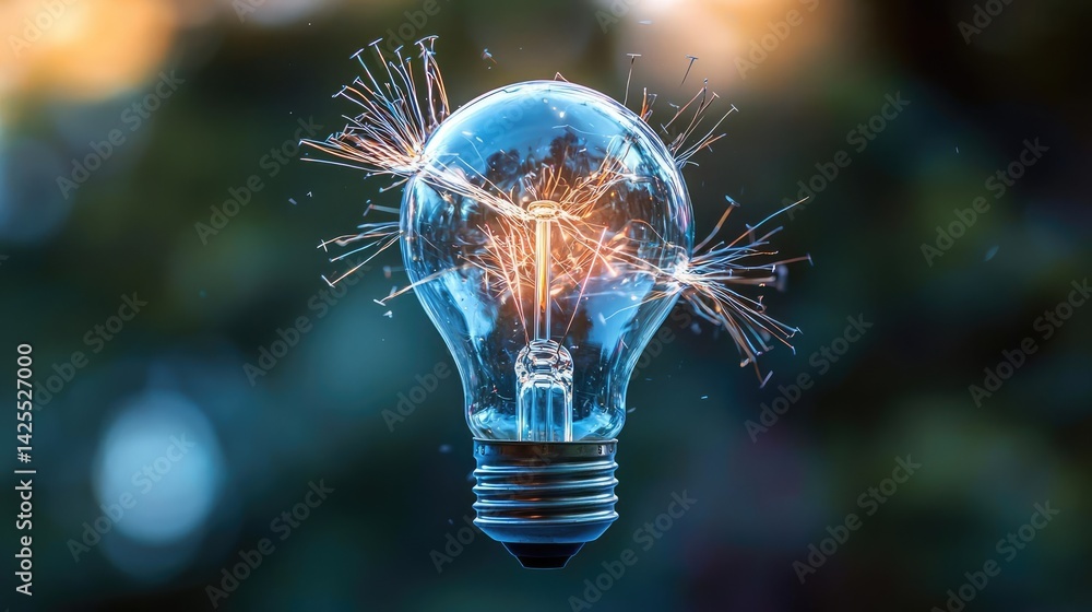 Poster explosion of lightbulb with conceptual high-speed impact concept. a glowing light bulb with sparks, 