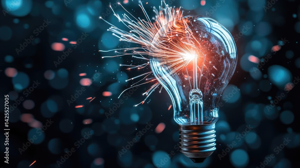 Poster explosion of lightbulb with conceptual high-speed impact concept. a dynamic light bulb igniting spar