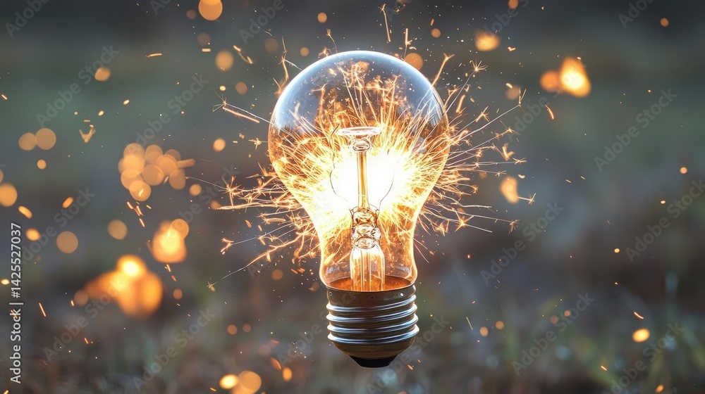 Poster explosion of lightbulb with conceptual high-speed impact concept. a bright light bulb sparking with 