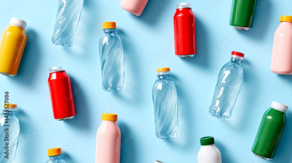 Poster collection of plastic bottles with different colors and sizes. the bottles are arranged in a pattern