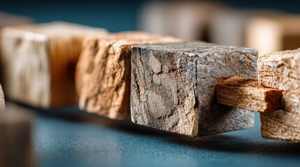 Close-up of interconnected wooden blocks with textured surfaces