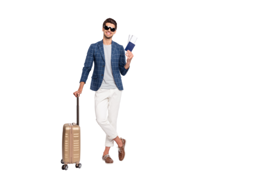 Full length body size view of nice attractive stylish cheerful cheery tourist wearing blue checked blazer holding in hands documents departure destination isolated over light white pastel background
