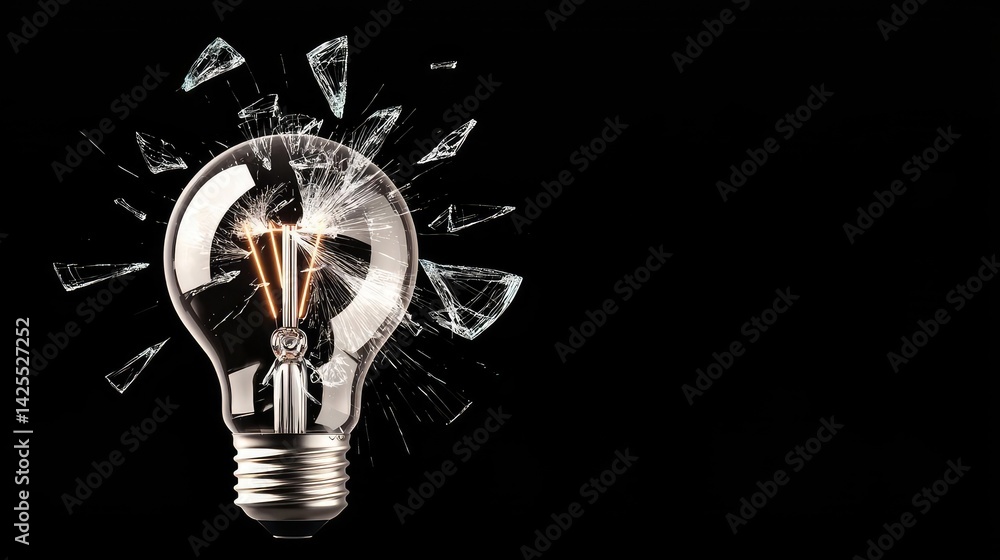 Poster explosion of lightbulb with conceptual high-speed impact concept. a striking image of a shattered li
