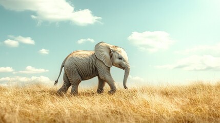 Fototapeta premium Young Elephant in Golden Grassland