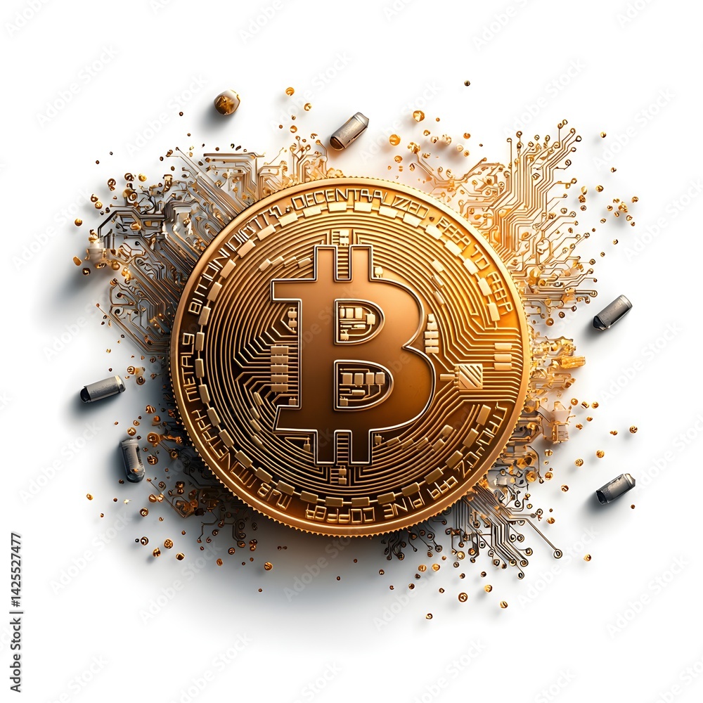 Poster a golden bitcoin cryptocurrency coin displayed prominently against a blurred abstract background wit