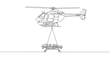 Minimalist line art depicting an air ambulance operation with a stretcher lift