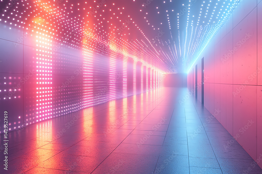 Aufkleber A vibrant, illuminated hallway featuring colorful lights and a modern design, creating an atmosphere of futuristic elegance.