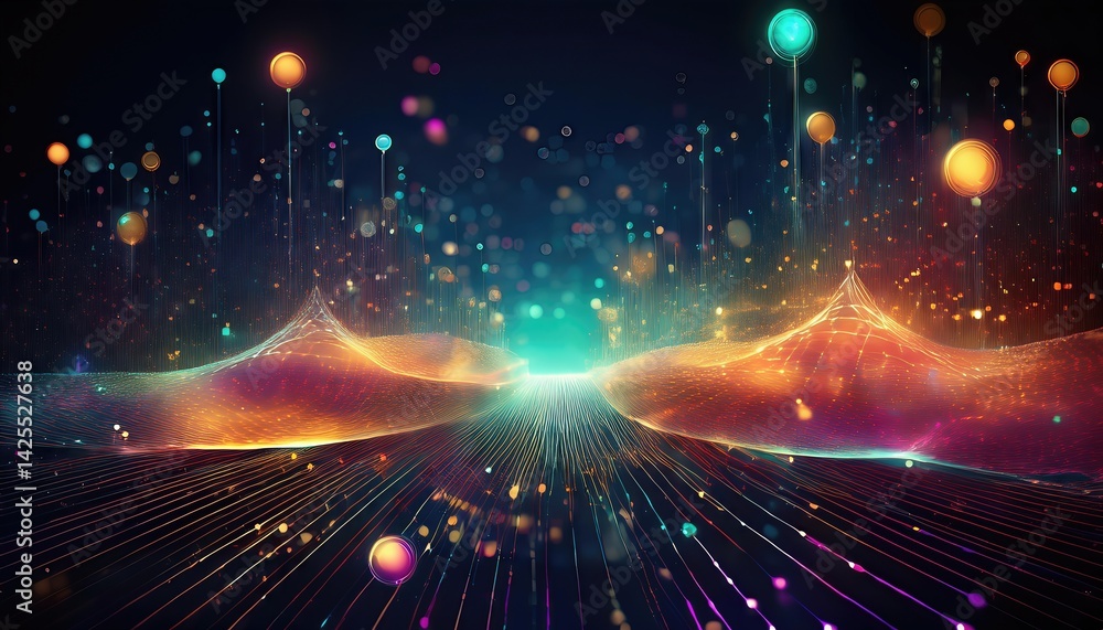 Poster futuristic digital design with colourful particles a vibrant displays of luminescence in a modern sc