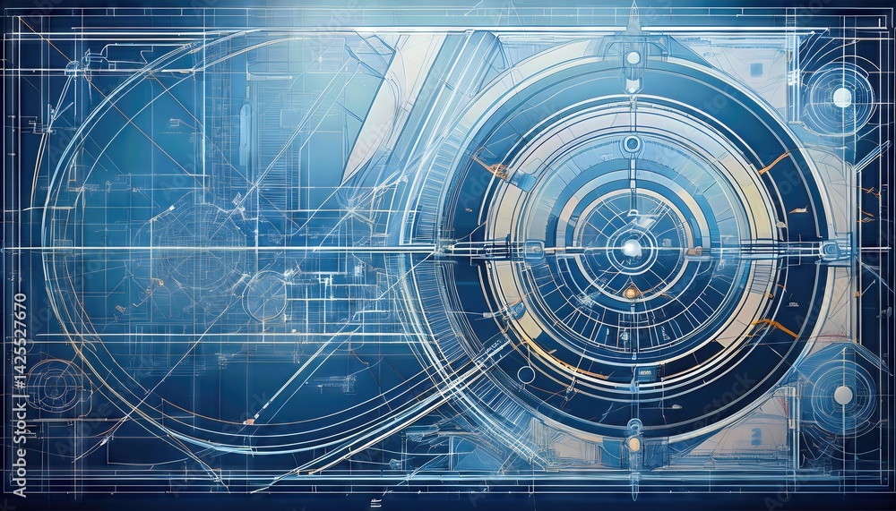 Poster detailed abstract blueprint drawing technical design expressed through vibrant blues and shapes, rad