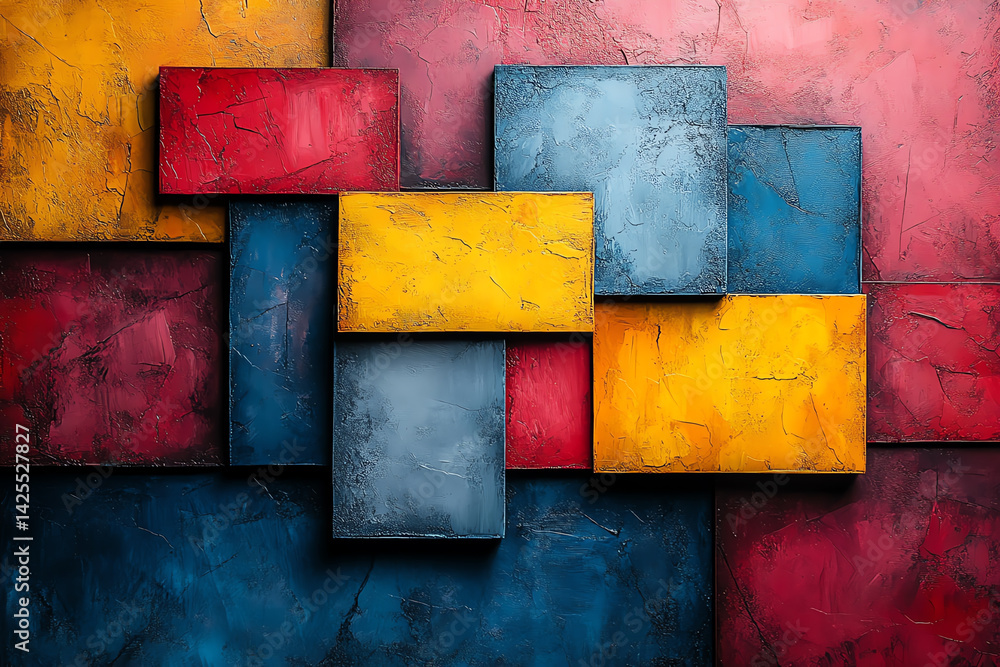 Poster a vibrant abstract design featuring overlapping squares in bold colors, creating a striking visual h