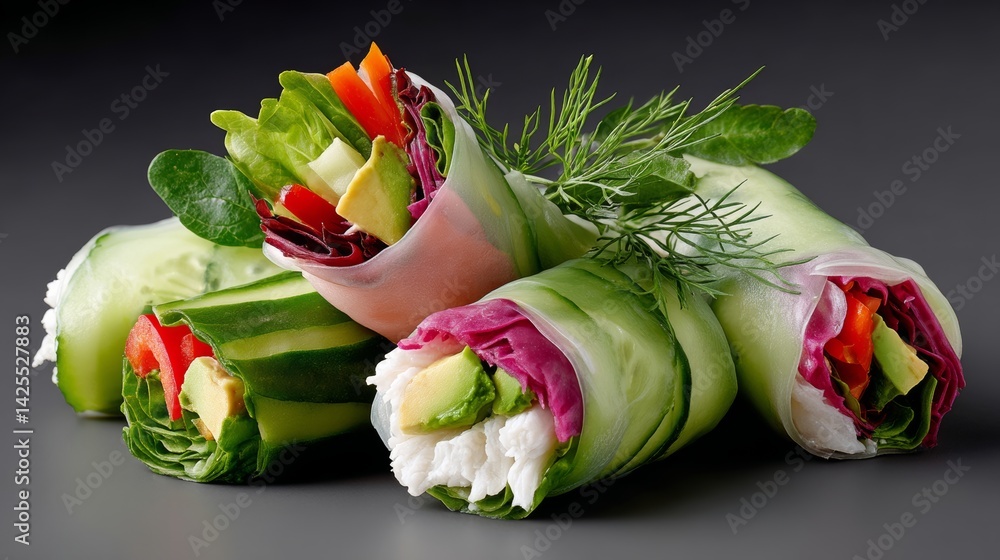 Poster bunch of cucumber wraps with lettuce and avocado. the wraps are piled on top of each other