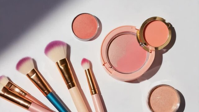 Overhead shot of blush and makeup brushes on a white surface with shadows