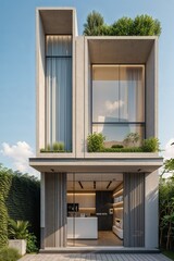 Fototapeta premium Modern concrete townhouse with glass facade lush greenery accents and a contemporary interior