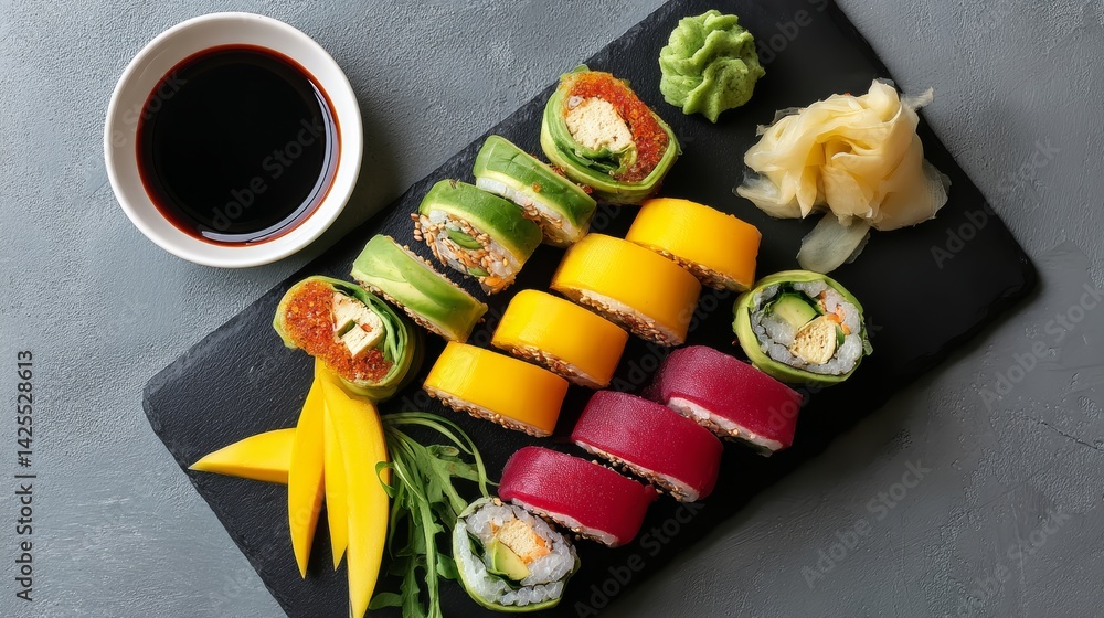 Aufkleber plate of sushi with a variety of colors and a dipping sauce. the sushi is arranged in a way that mak