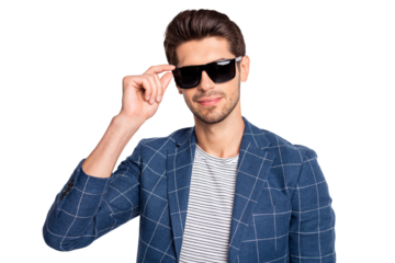 Close-up portrait of his he nice attractive lovely charming content businessman wearing blue checked blazer modern look touching specs isolated over light white pastel background
